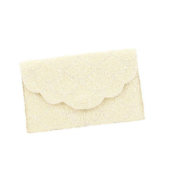 Scallop Cut Beaded Clutch / Crossbody Bag in Ivory with Gold Chain NEW NWT - Picture 11 of 14